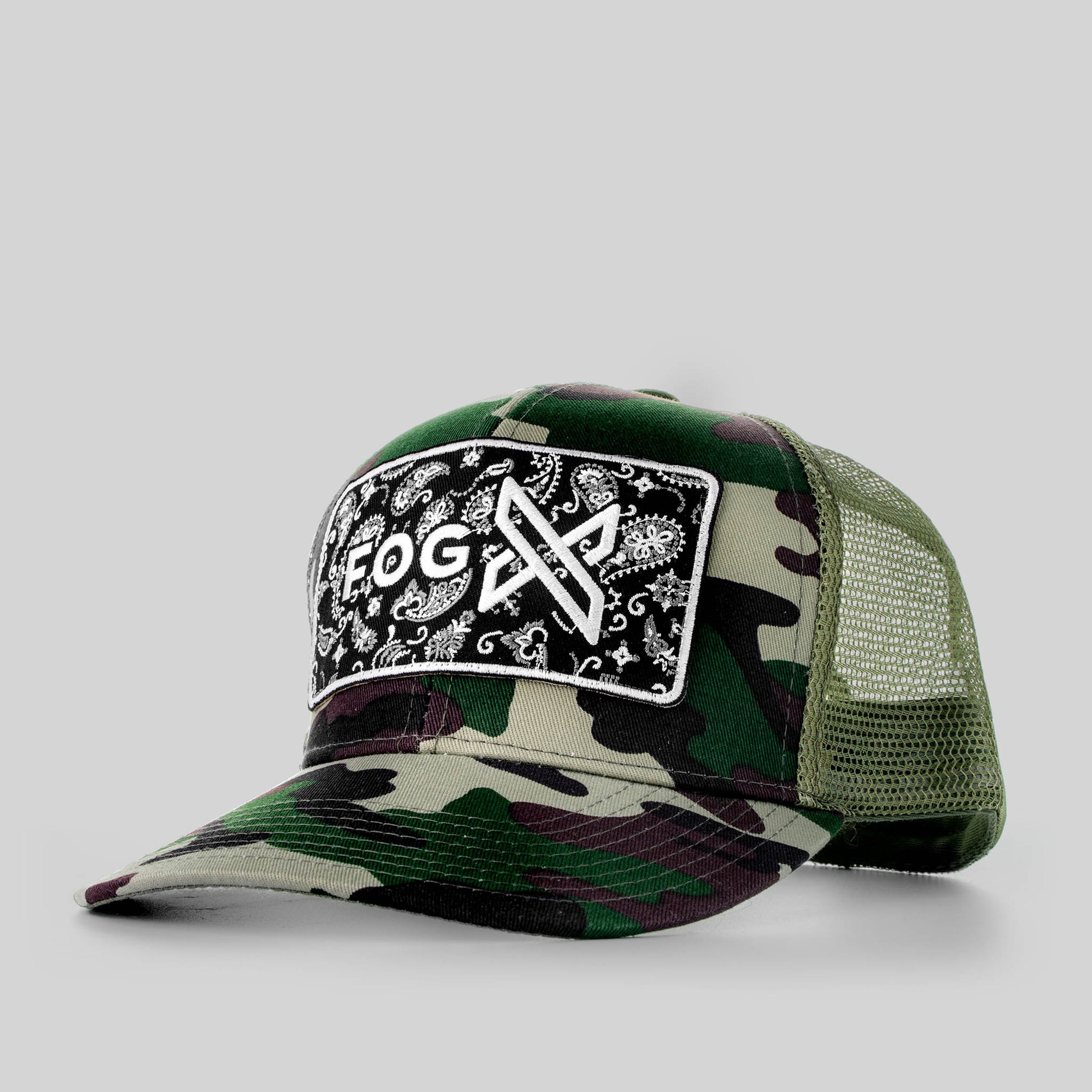 Double Clip Trucker Hat Green Camo Print